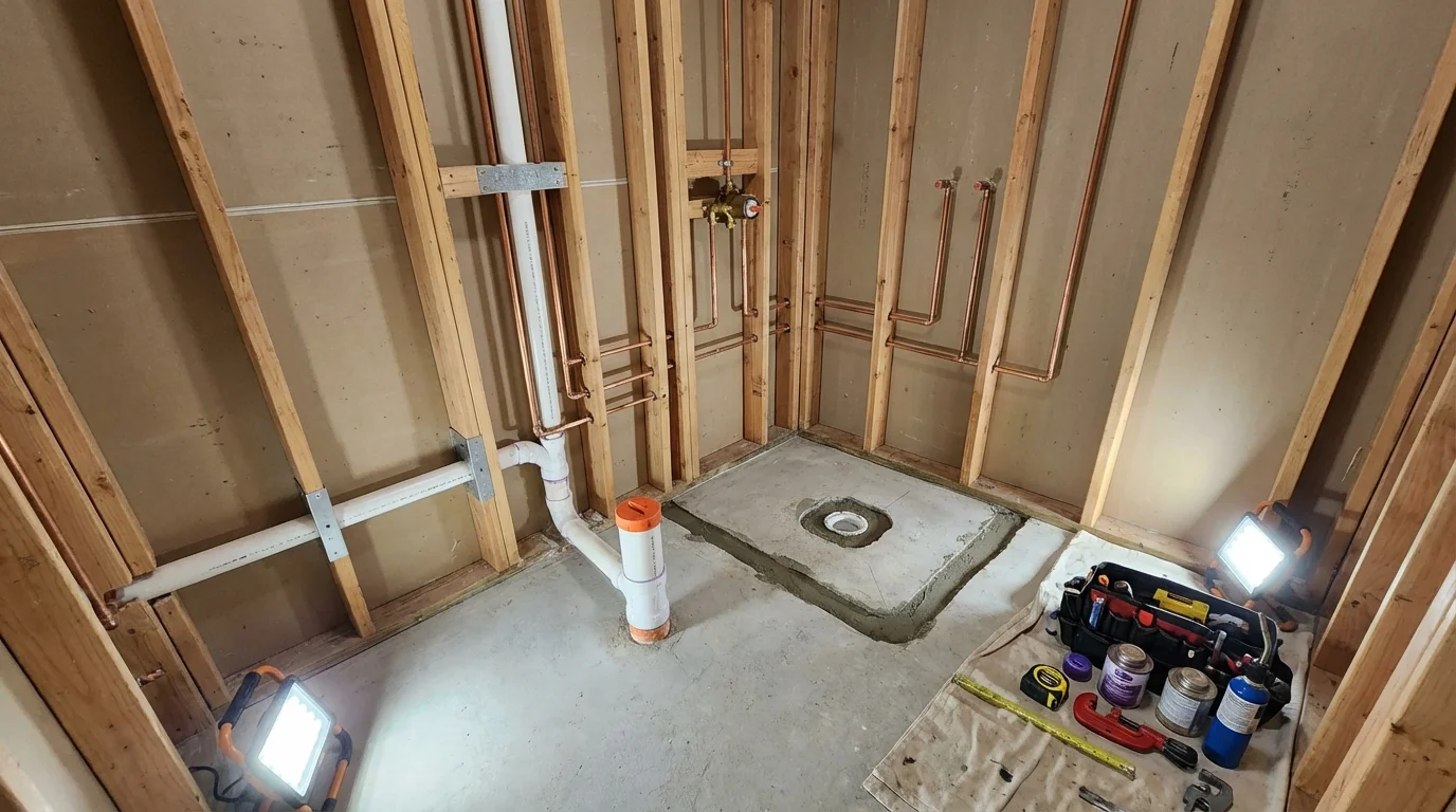 Bathroom rough-in plumbing during remodel by Johns Plumbing LLC in Lac du Flambeau