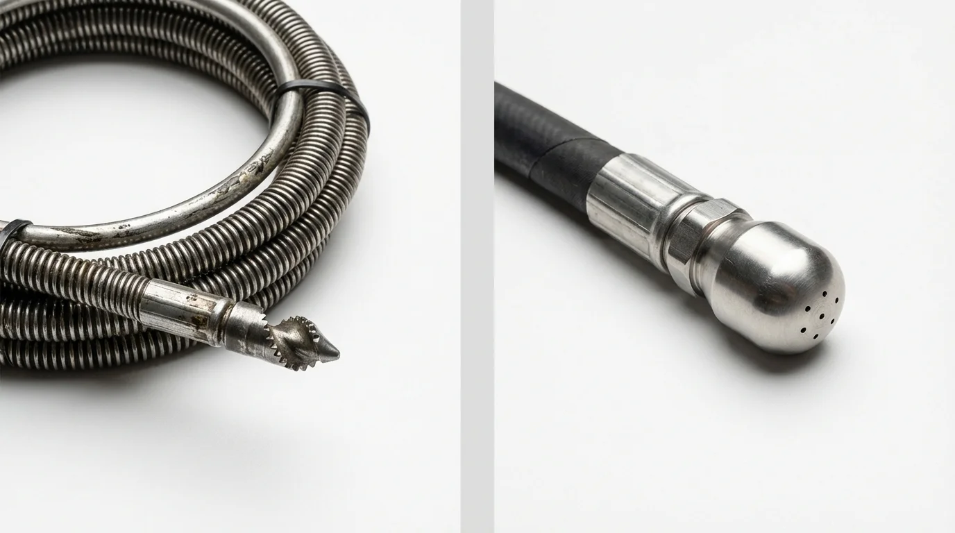 Drain snake cable and hydro jetting nozzle used for drain cleaning in Lac du Flambeau, WI
