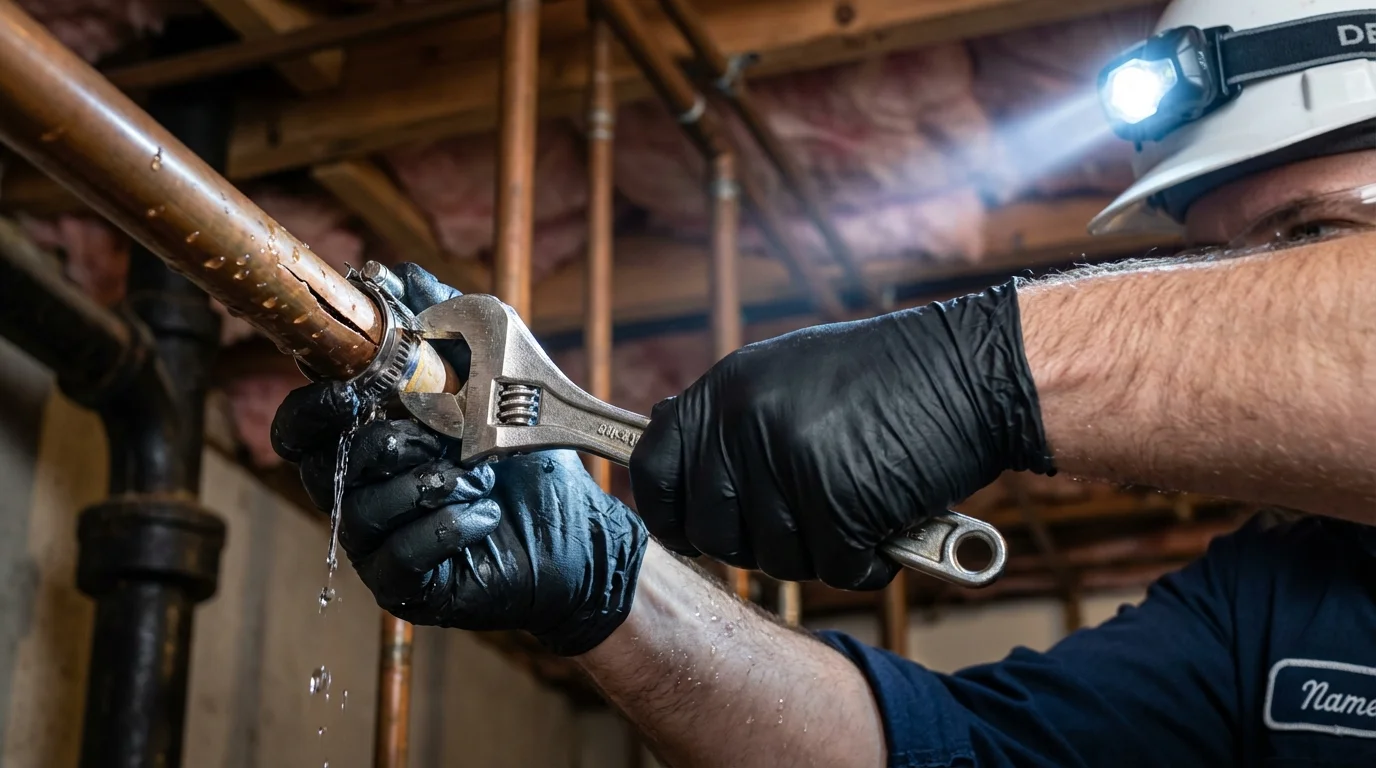 Emergency pipe clamp repair being performed by a Johns Plumbing LLC plumber in Lac du Flambeau