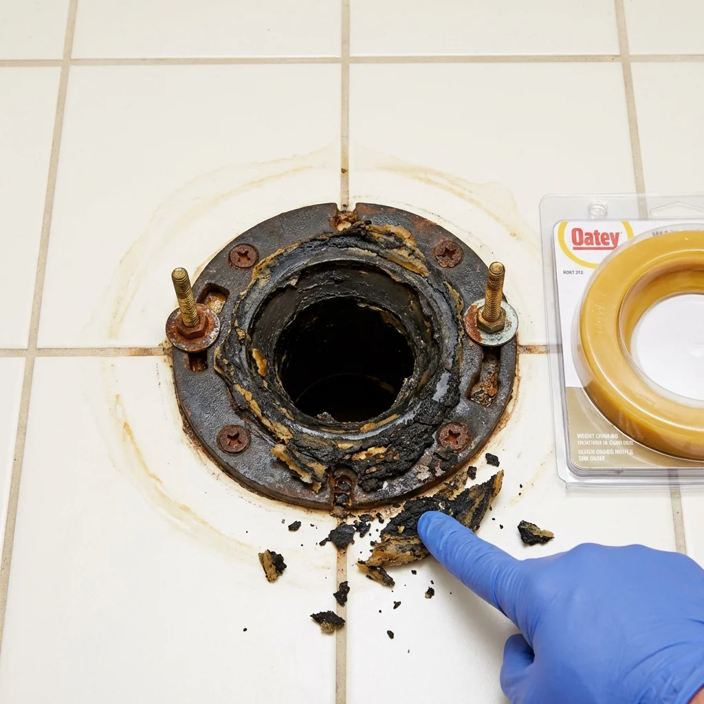 Failed wax ring showing water seepage at the base of a toilet in a Lac du Flambeau, WI home