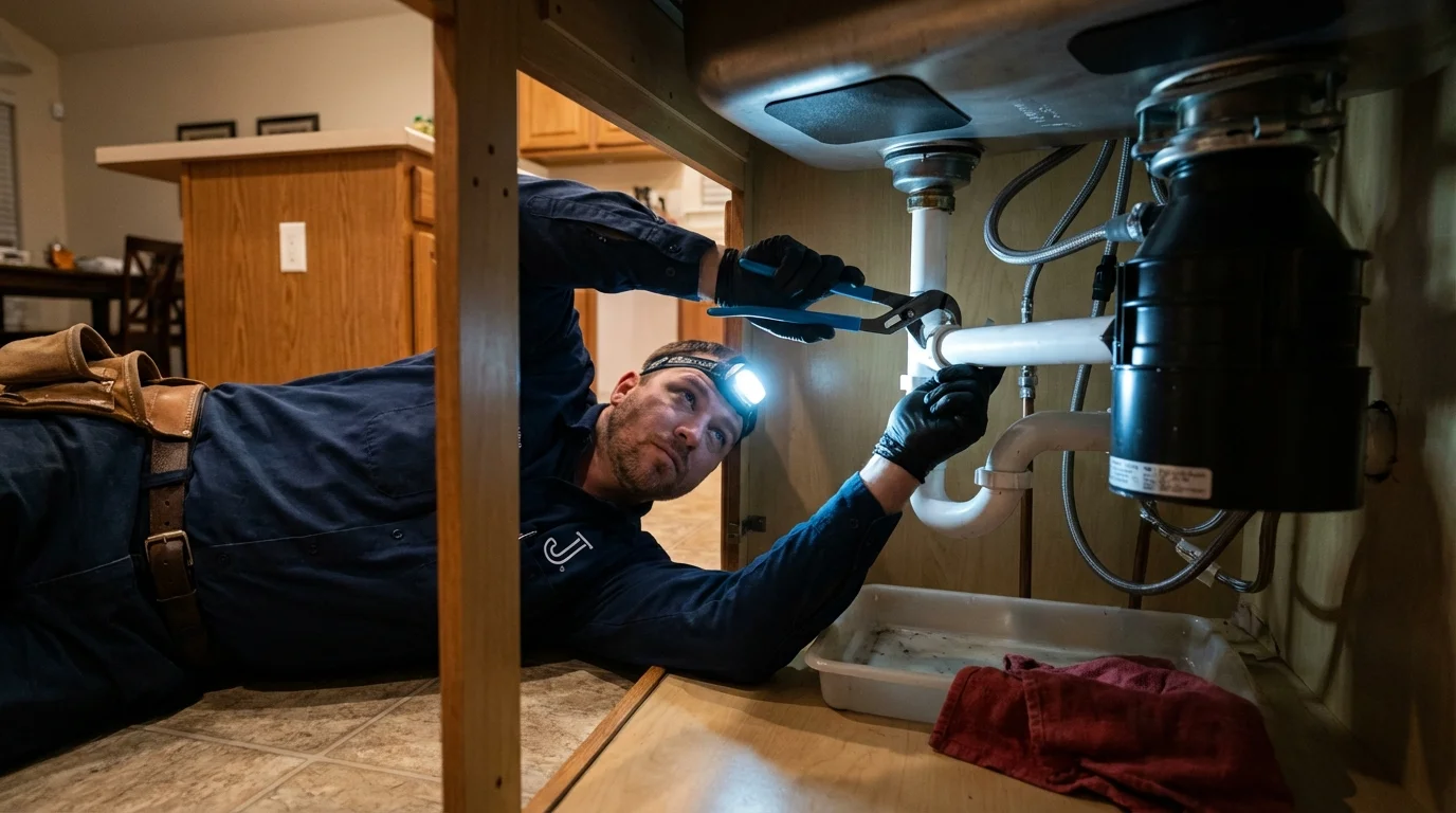 P-trap and supply line connections under a kitchen sink showing a common leak point in Lac du Flambeau, WI